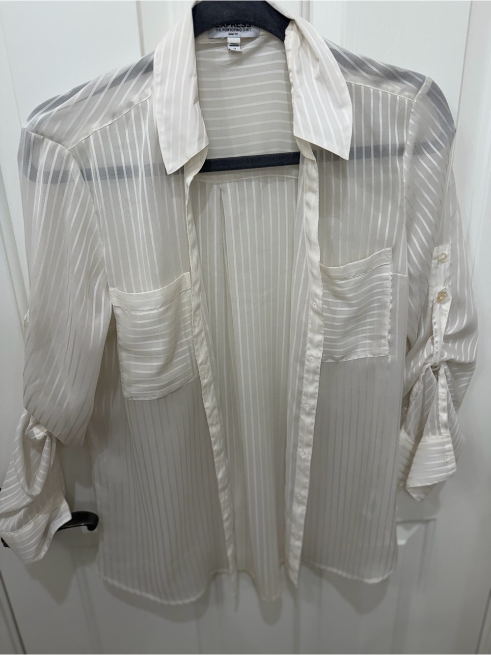 Express Portofino Slim Fit Lightweight Sheer Button-Front Shirt - Ivory Stripe